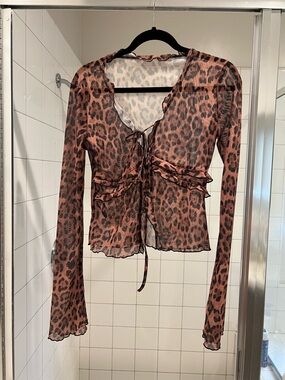 Leopard Print Sheer Tie-Front Women's Top - Brown